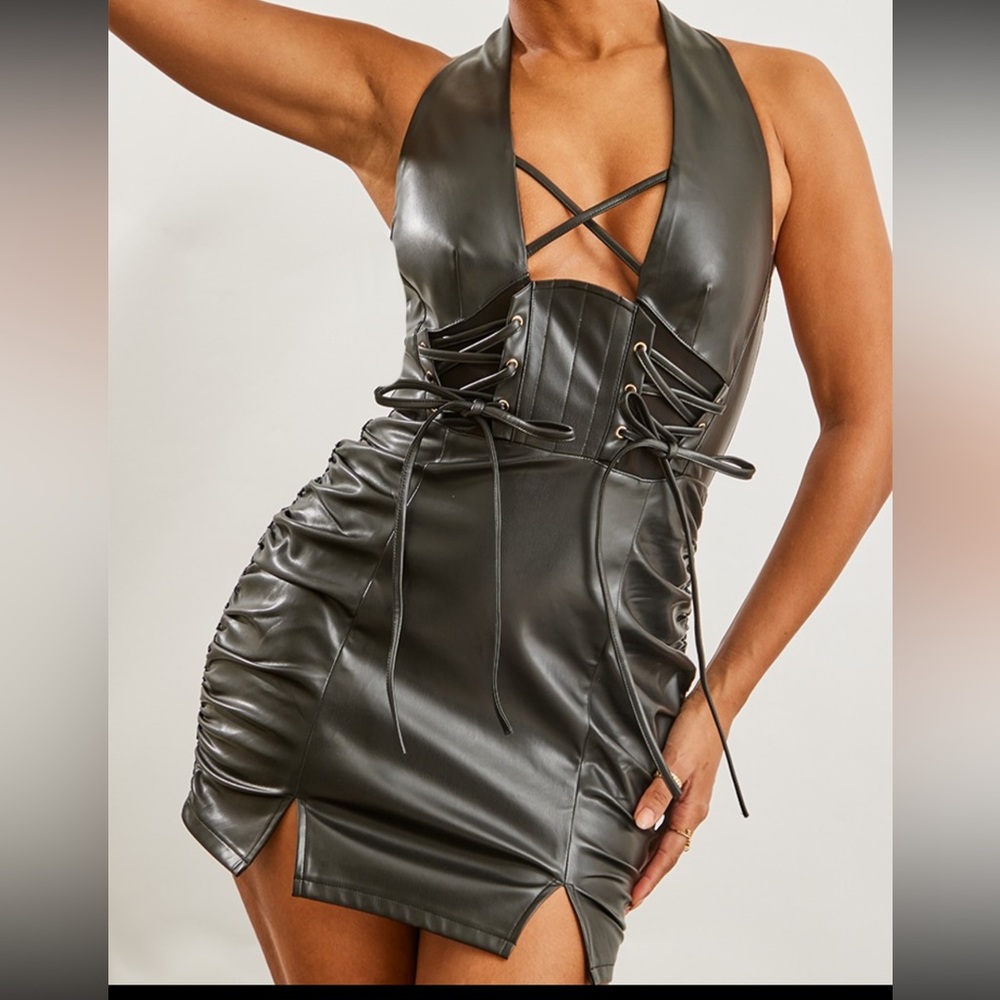 PrettyLittleThing Black Faux Leather Lace-Up Dress